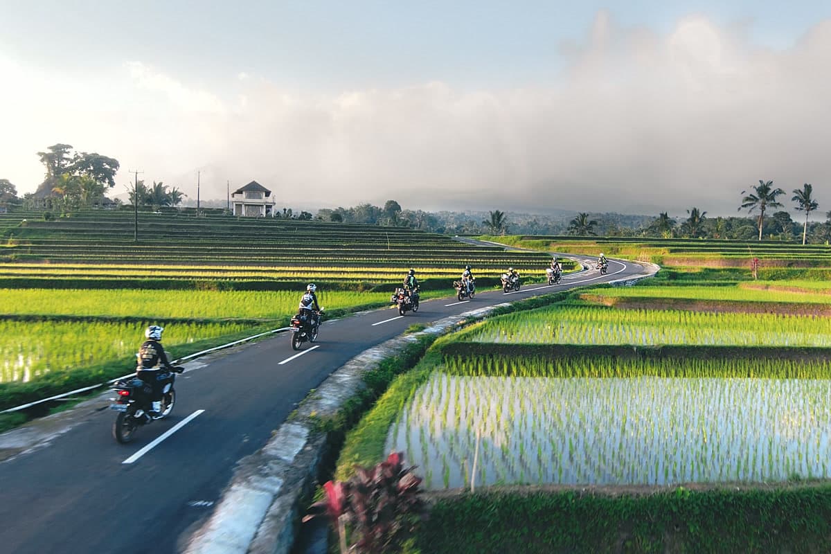 Motorcycle riders on a road through the Jatiluwih rice terraces